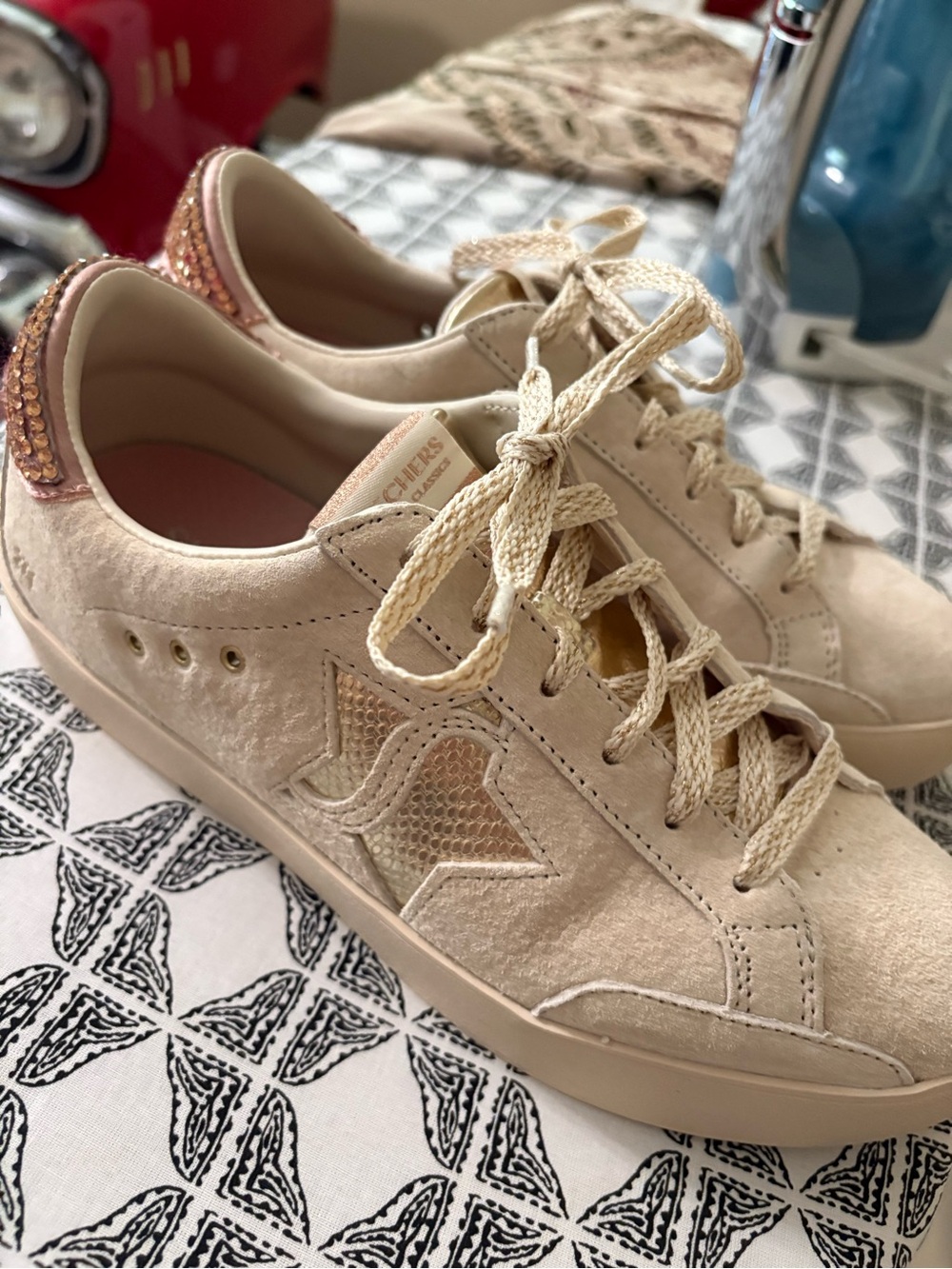 Skechers Beige Suede Sneakers with light rose colored Glitter Heel